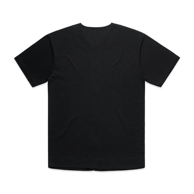 Black t-shirt with short sleeves and crew neck.