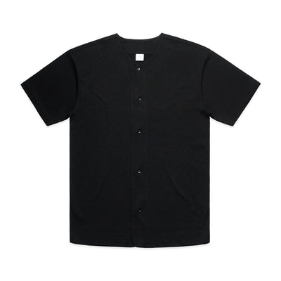Black baseball jersey with button-down front and short sleeves.