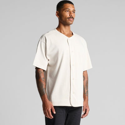 White baseball jersey with short sleeves and button-down front.
