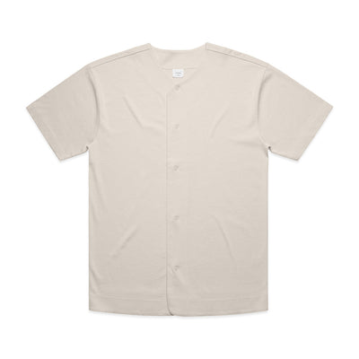 Beige baseball jersey with short sleeves and button-down front.