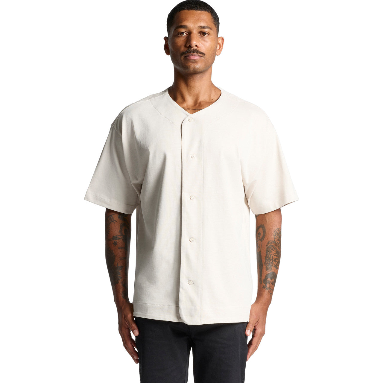 Cream-colored baseball jersey with button-down front and short sleeves.