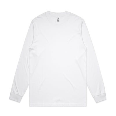 White long-sleeved t-shirt with ribbed cuffs and hem, likely made of cotton.