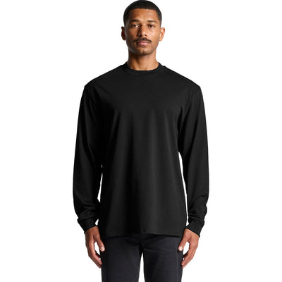 Black long-sleeve crew neck t-shirt with ribbed cuffs and hem, made of stretchy fabric.