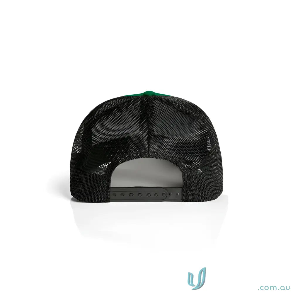 Black mesh trucker hat with green front panel and curved peak, made from recycled polyester mesh