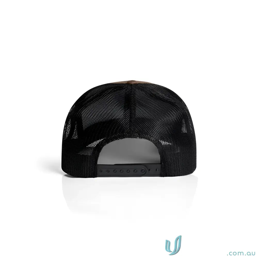 Black mesh-back trucker hat with brown front panel and curved peak, made from recycled polyester mesh