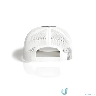 Rear view of a white recycled polyester mesh trucker cap with a dark gray front and curved peak