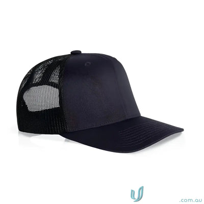 Black trucker cap with recycled polyester mesh and curved peak for a stylish look