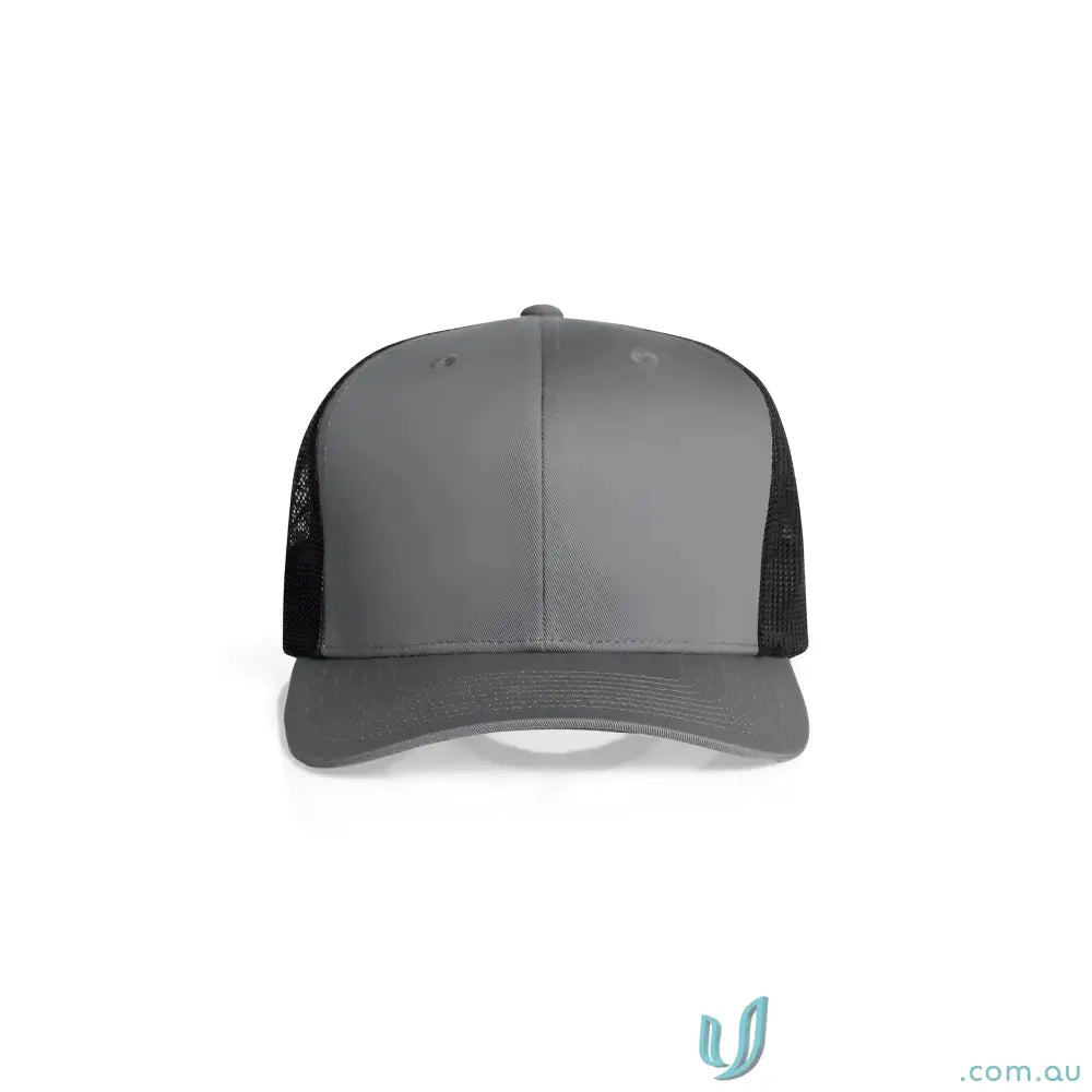 Two-tone grey and black recycled polyester mesh trucker cap with curved peak