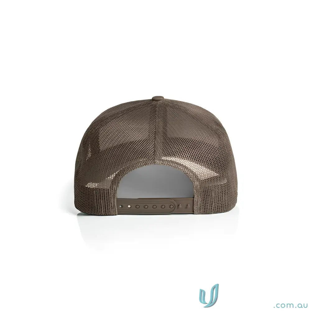 Brown recycled polyester trucker cap with mesh back and adjustable snap closure