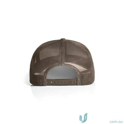 Brown recycled polyester trucker cap with mesh back and adjustable snap closure