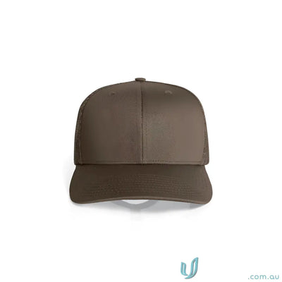Solid brown recycled polyester trucker cap with a shallow curved brim and mesh back