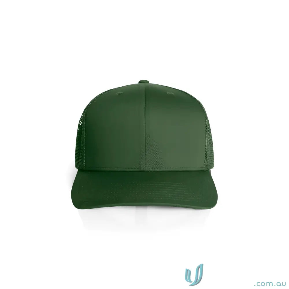 Dark green recycled polyester trucker cap with a shallow curved brim and mesh back