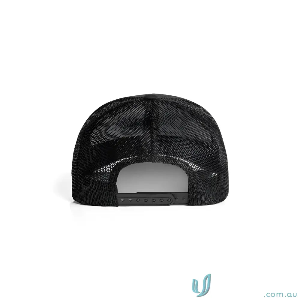 Black recycled polyester mesh-back trucker cap with shallow curved brim and adjustable snap