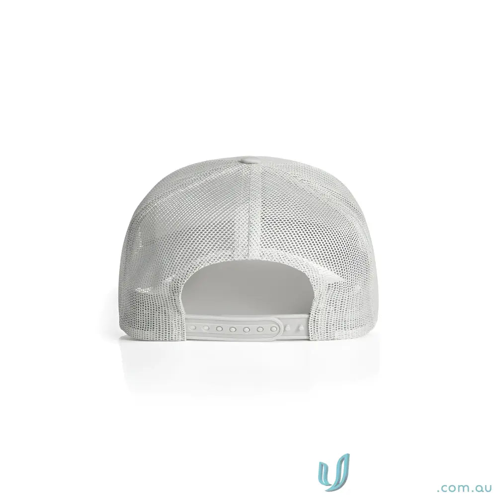 Light gray recycled polyester mesh-back trucker cap with shallow curved brim and adjustable snap closure