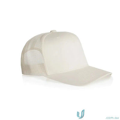 Off-white recycled polyester mesh-back trucker cap with flat brim and shallow curved design