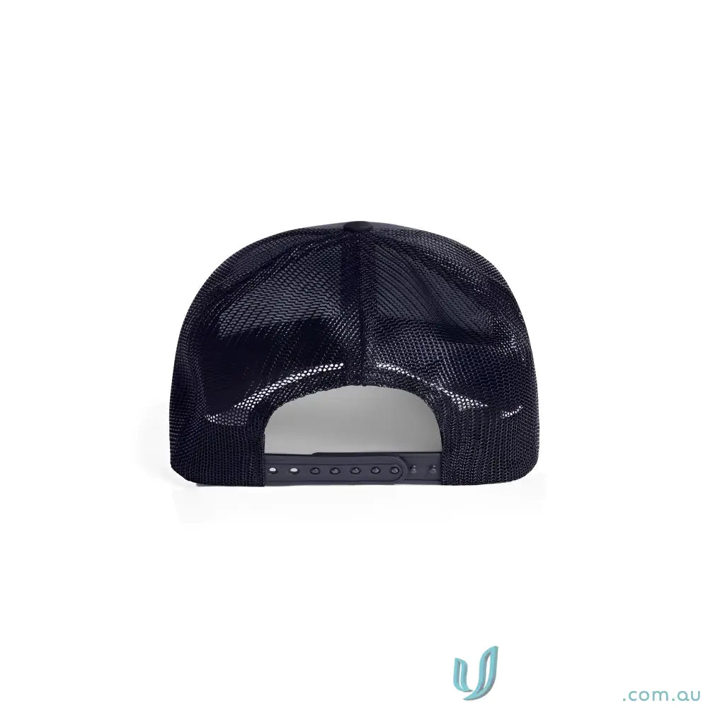 Black mesh snapback trucker cap made of recycled polyester with shallow curved brim