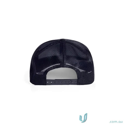 Black mesh snapback trucker cap made of recycled polyester with shallow curved brim