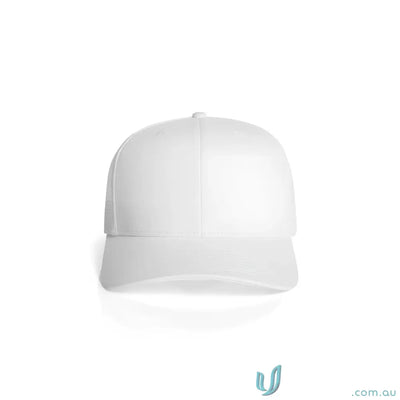 Plain white recycled polyester trucker cap with shallow curved brim for all-day wear
