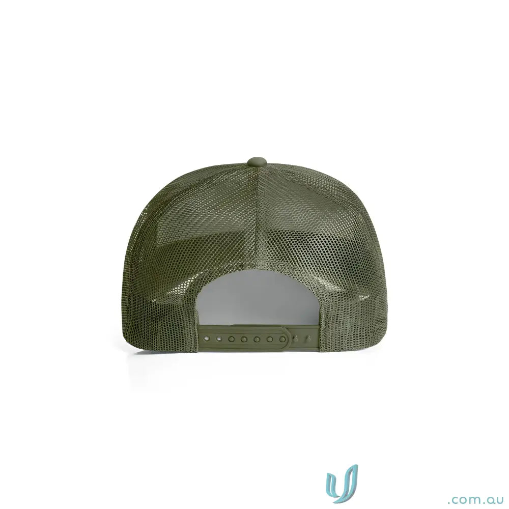 Olive green recycled polyester trucker cap with shallow curved brim and adjustable snap closure