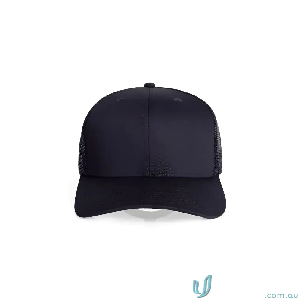 Black recycled polyester trucker cap with a shallow curved brim and mesh back