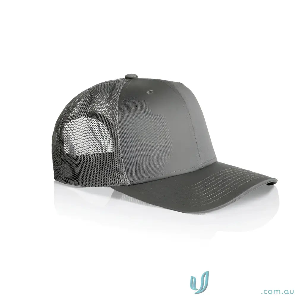 Two-tone grey recycled polyester trucker cap with shallow curved brim and mesh back