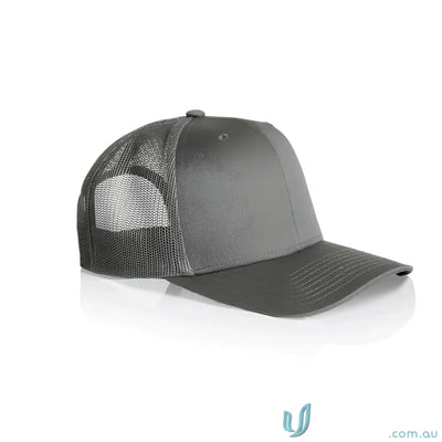 Two-tone grey recycled polyester trucker cap with shallow curved brim and mesh back