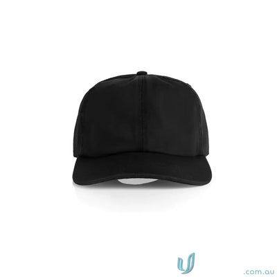 Black baseball cap with flat peak, metal clasp, and tonal under-peak lining