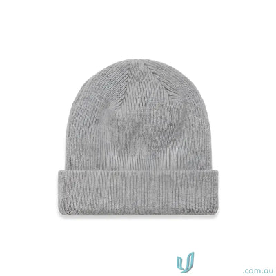 Light gray knit beanie with cuffed hem and longer body, perfect for winter warmth