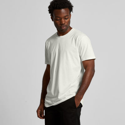 White crew neck t-shirt with short sleeves and a relaxed fit.