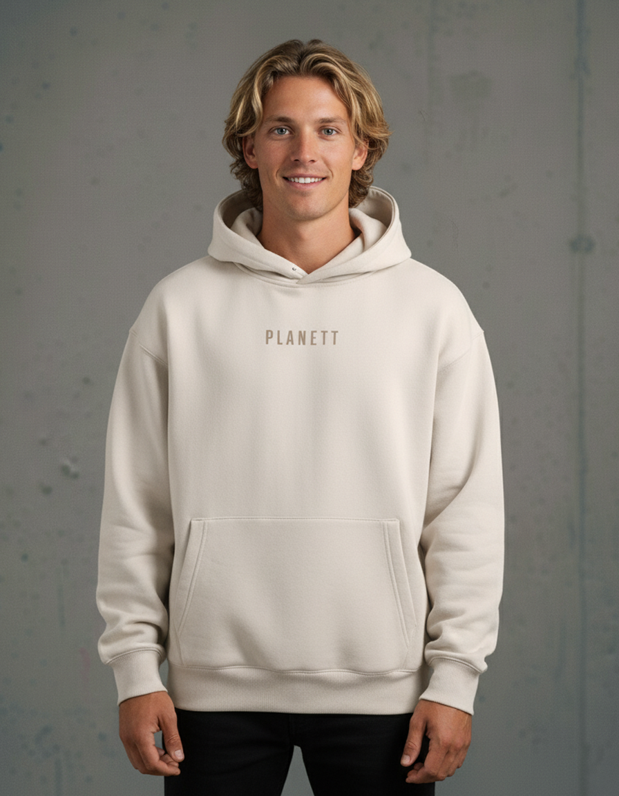 Beige premium oversized bone hoodie with subtle gray logo and ribbed cuffs perfect for workwear and uniforms