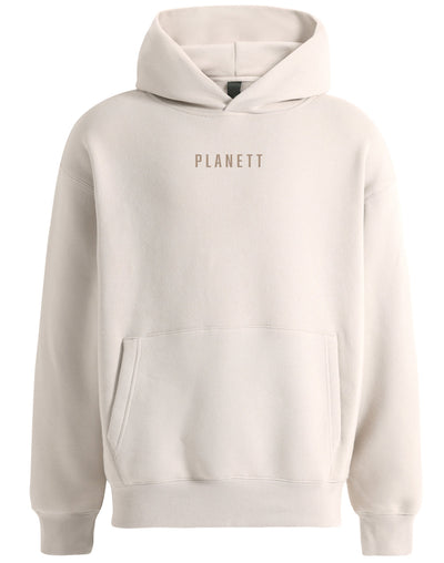 Premium oversized bone hoodie in cream color with minimalist design and subtle front pocket ideal for work uniforms