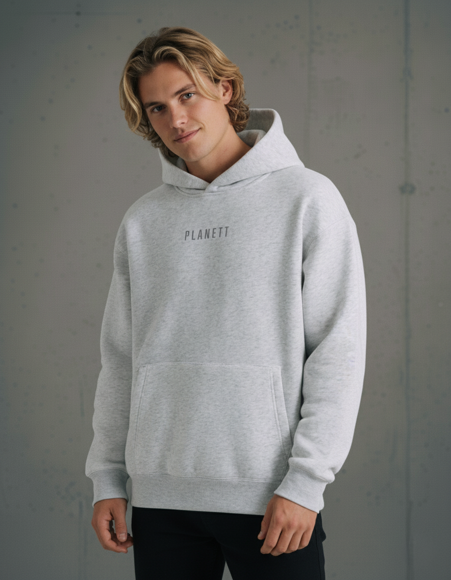 Premium oversized white marle hoodie in light gray heather with subtle planett logo, perfect for workwear uniforms
