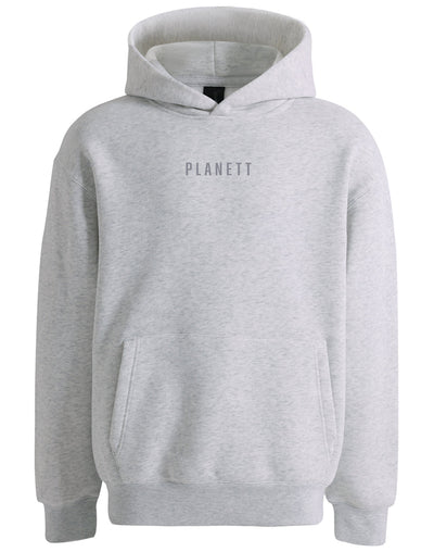 Premium oversized white marle hoodie in heather gray with subtle planett logo perfect for workwear uniforms
