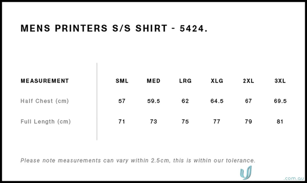 Men’s shirt size chart for Printers Shirt by [Manufacturer Name], perfect quality workwear