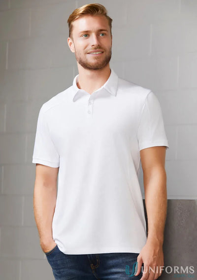 Man in white polo from the collection profile polo, perfect for jersey knit stay cool style
