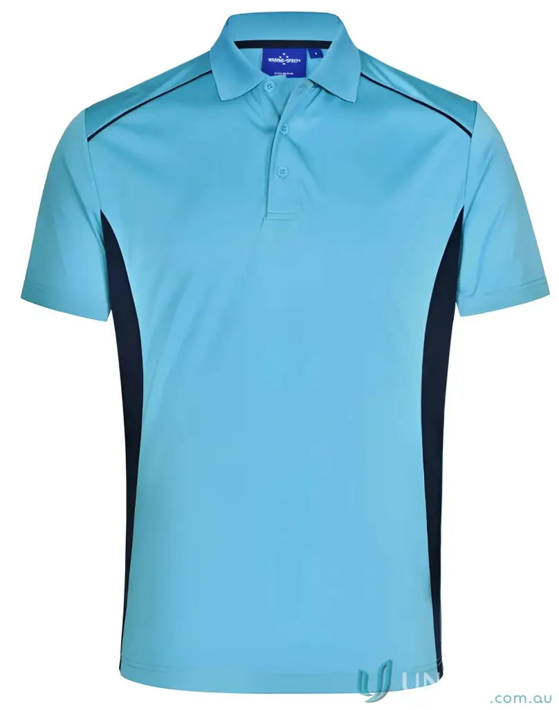 Light blue Winning Spirit Pursuit Polo with dark blue accents and breathable mesh fabric