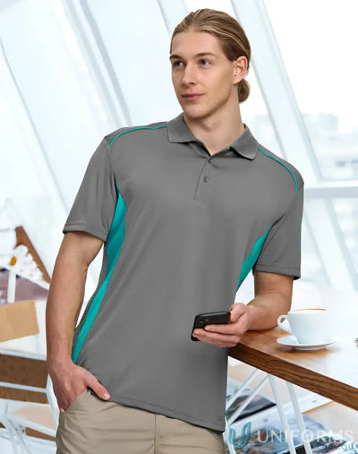 Mens grey and teal Pursuit Polo shirt with breathable mesh for a winning spirit vibe
