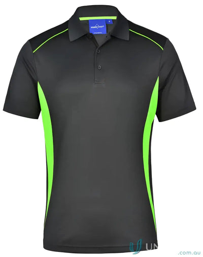 Gray and green polo shirt.