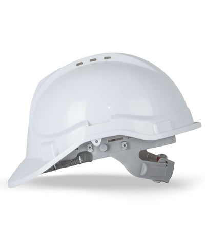 White glossy JB’s Push-Lock safety helmet with gray strap