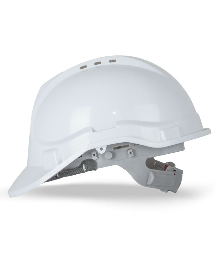 White glossy JB’s Push-Lock safety helmet with gray strap