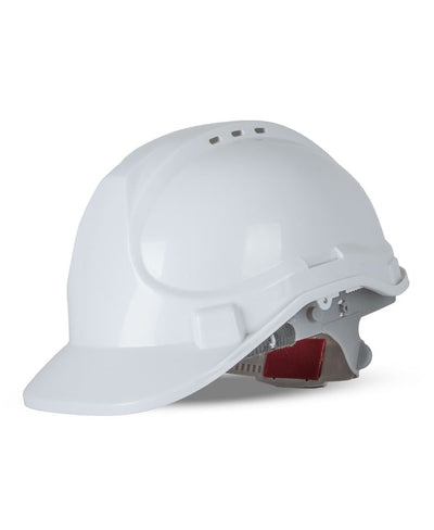 White glossy JB’s Push-Lock safety helmet with vent holes, all-day comfort