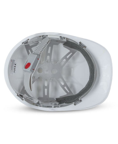 White JB’s Push-Lock safety helmet with gray strap, red button, all-day comfort