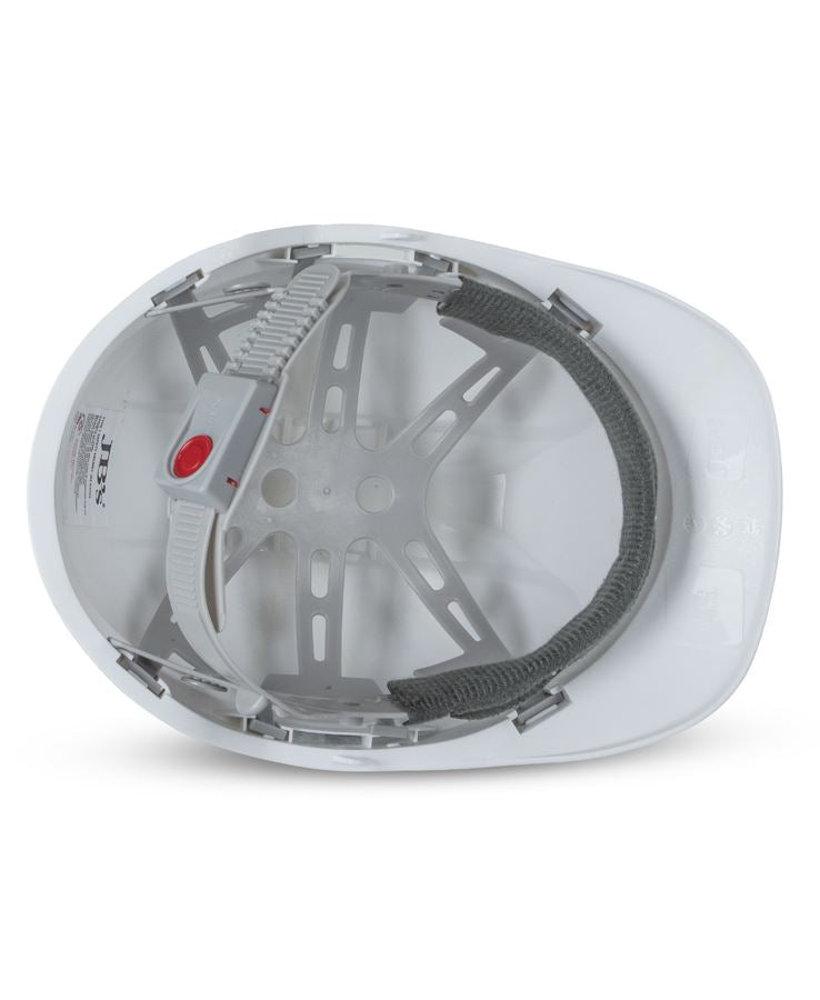 White JB’s Push-Lock safety helmet with gray strap, red button, all-day comfort