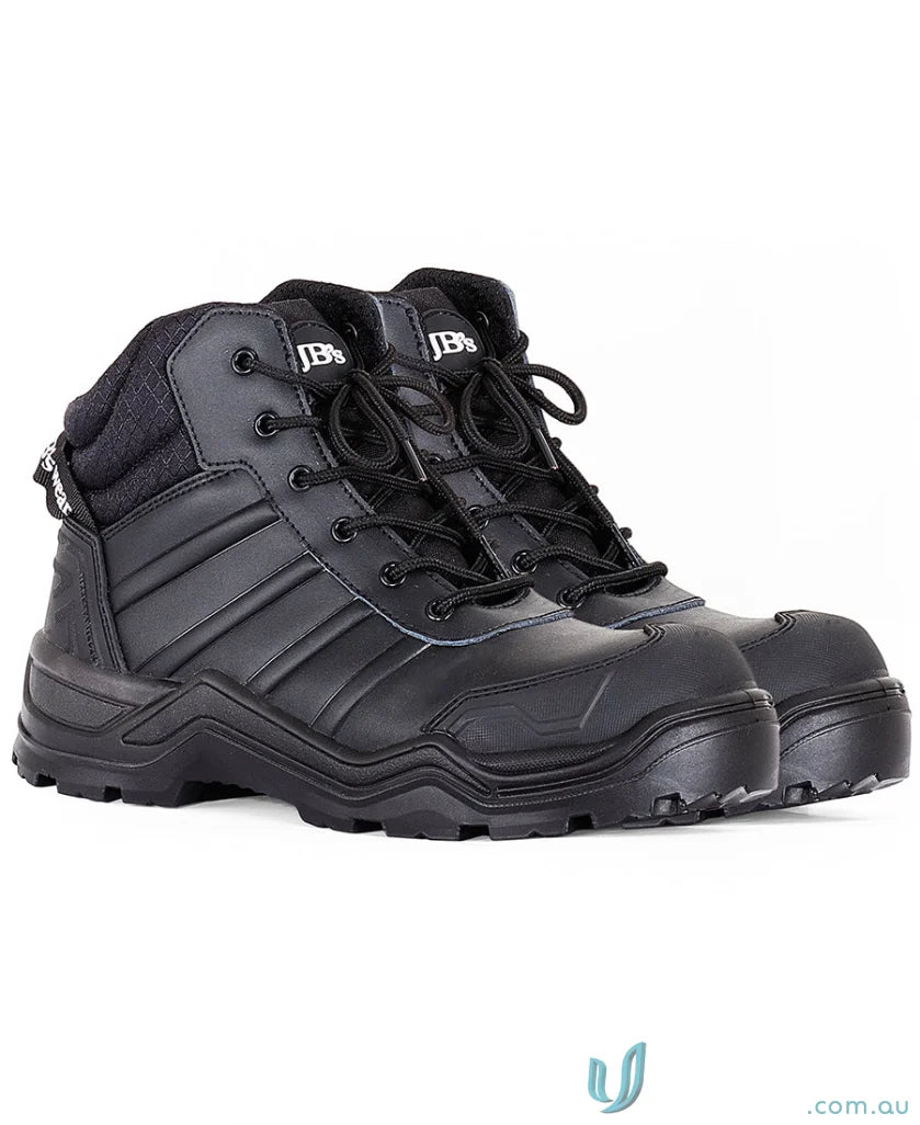 Black leather work boots with resistant soles from Quantum Sole Safety Boot for uniforms