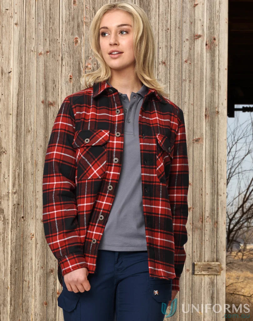 Unisex quilted flannel shirt-style jacket with red, black, and white plaid over grey polo