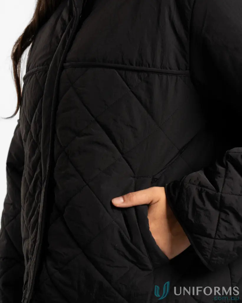 Black quilted puffer jacket with zipper and pockets.