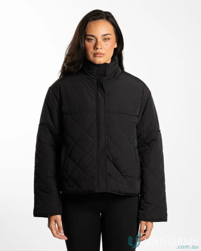 Black puffer jacket with high collar and zipper closure, likely made of synthetic material for warmth.