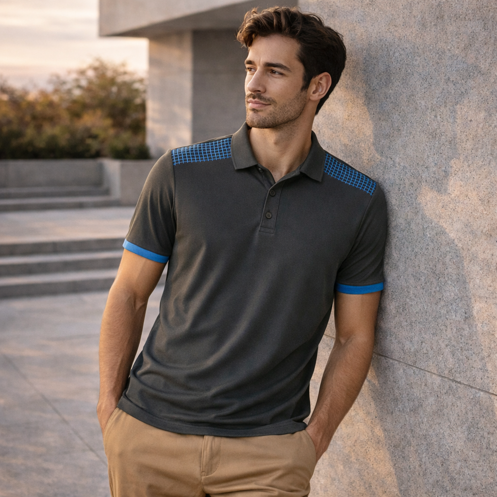 Ravenhall Polo p900ms galaxy short sleeve dark gray with blue grid shoulders