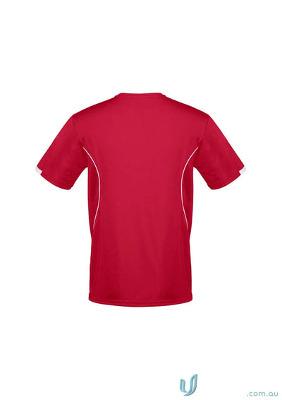 Red and white Razor Tee mens razor short with self-fabric v-neck band style