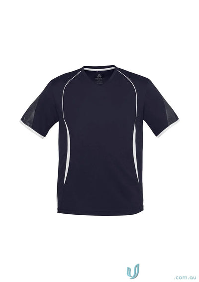 Navy blue Razor Tee mens razor short with self-fabric v-neck band and white trim